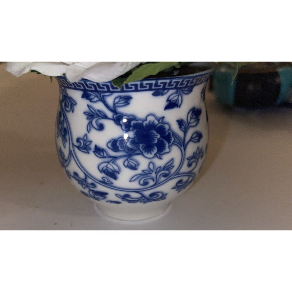 Artificial Floral Arrangement Roses Blue White Porcelain Vase 2.75 n x 2.75 in - Picture 3 of 6